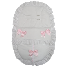 Plain White/Pink Car Seat Footmuff/Cosytoes With Large Bows & Lace